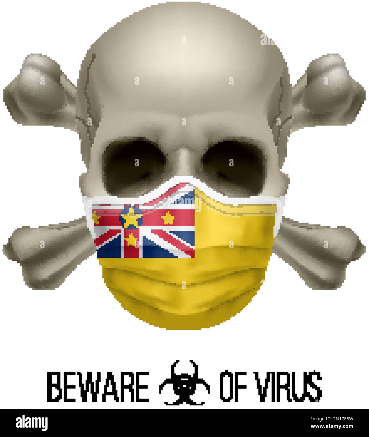Menschlicher Schädel mit Kreuz und Operationsmaske in der Farbe der Nationalflagge Niue. Maske in Form der Niuen-Fahne und Schädel als Konzept der Dirre Warning Stock Vektor