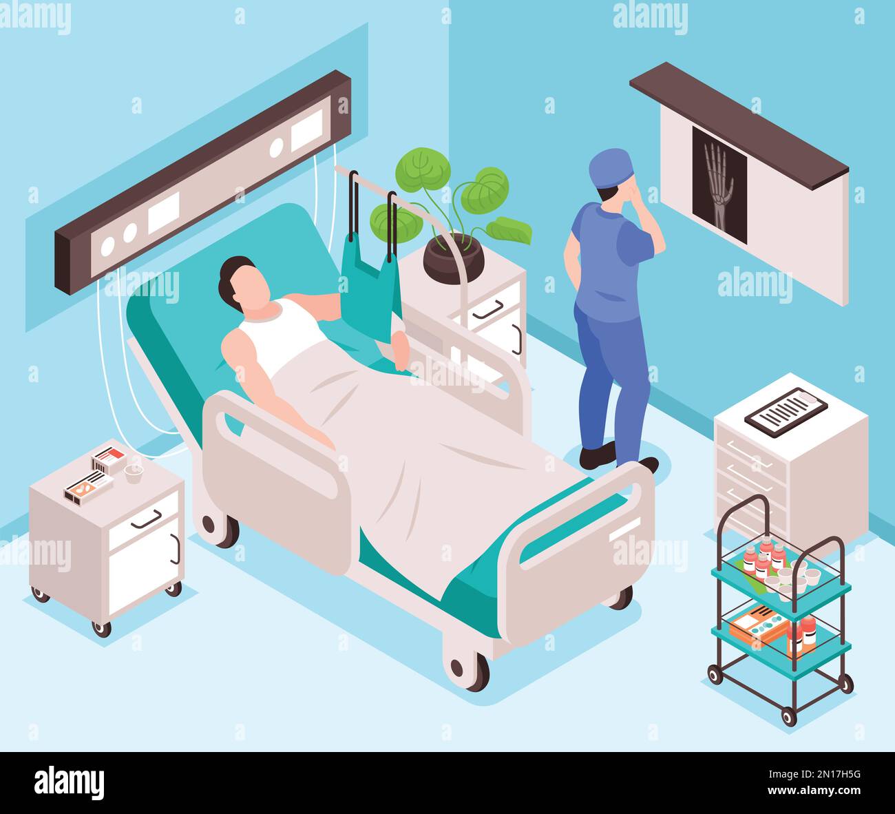 Nach Verletzung isometrischer Hintergrund mit Patient im Bett und Arzt untersucht Röntgenbild des gebrochenen Armvektors Stock Vektor