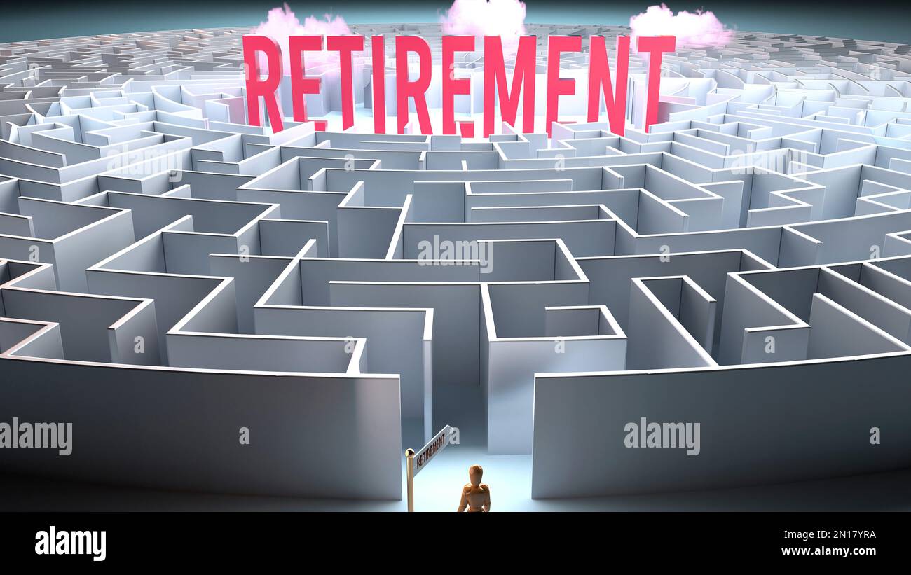 Eine schutzbedürftige Person vor einem großen Hindernis und einer Herausforderung, einen Weg in den Ruhestand zu finden. Ein Kampf durch ein Labyrinth von Schwierigkeiten und PR Stockfoto