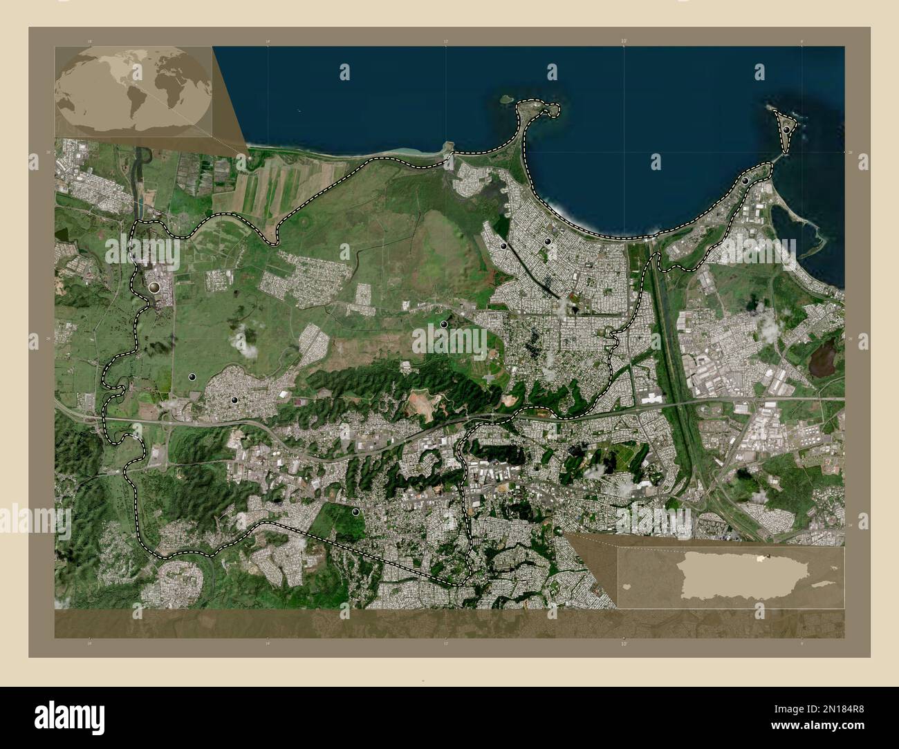 Toa Baja, Gemeinde Puerto Rico. Hochauflösende Satellitenkarte. Standorte der wichtigsten Städte der Region. Eckkarten für zusätzliche Standorte Stockfoto