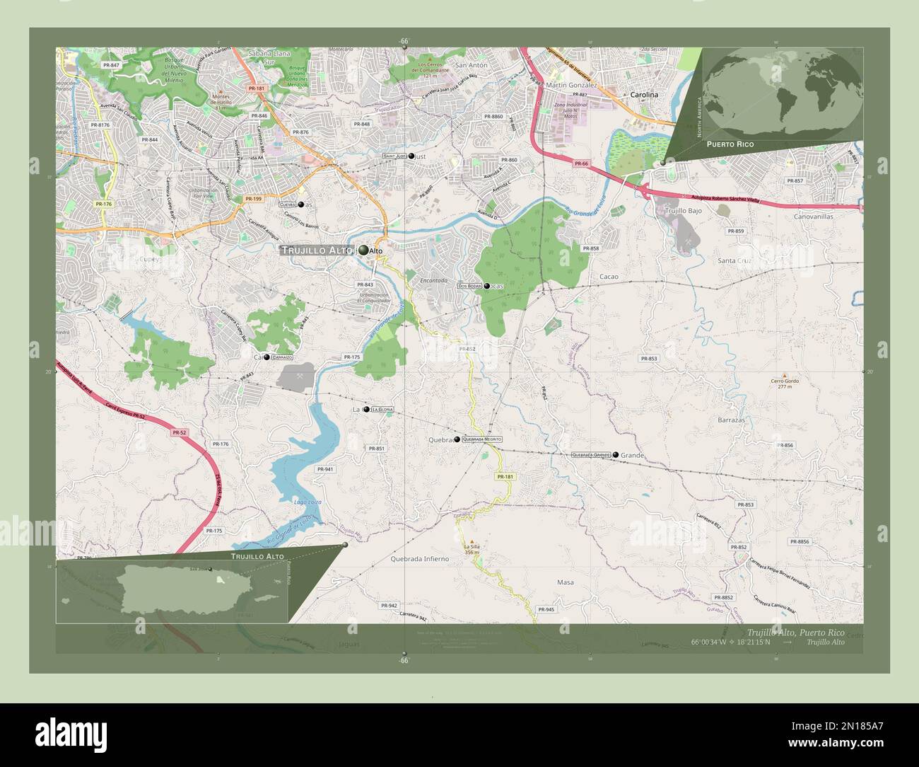 Trujillo Alto, Gemeinde Puerto Rico. Straßenkarte Öffnen. Standorte und Namen der wichtigsten Städte der Region. Eckkarten für zusätzliche Standorte Stockfoto
