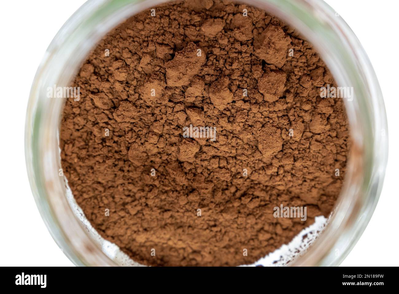 Draufsicht Kakaopulver im Glasgefäß Stockfoto