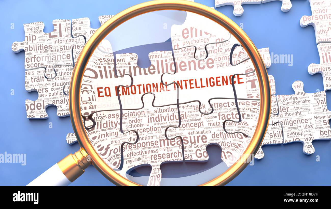 EQ emotionale Intelligenz als komplexes Thema unter genauer Betrachtung. Komplexität wird als Puzzleteile dargestellt, mit denen Dutzende von Ideen und Konzepten korreliert sind Stockfoto
