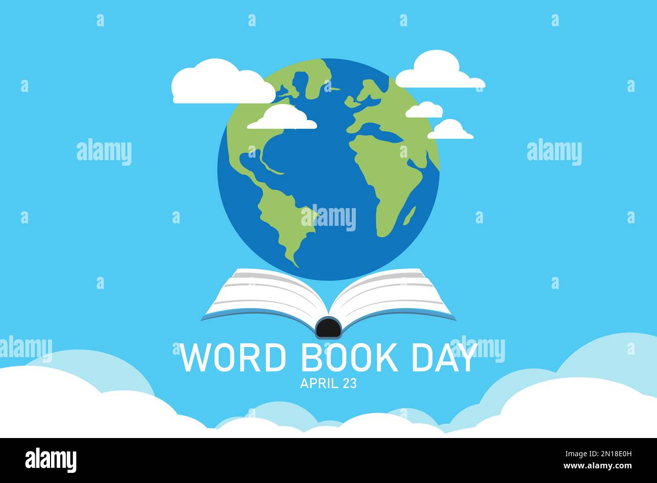 Banner für den Weltbuchtag. Bücherstapel und Welt mit offenem Buch-Cloud-Hintergrund. Bildungs-Vektordarstellung. Stock Vektor