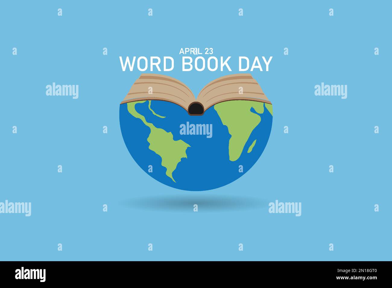 Illustration des World Book Day Banners. Bücherstapel auf der ganzen Welt mit offenen Büchern auf blauem Hintergrund. Bildungs-Vektordarstellung. Stock Vektor