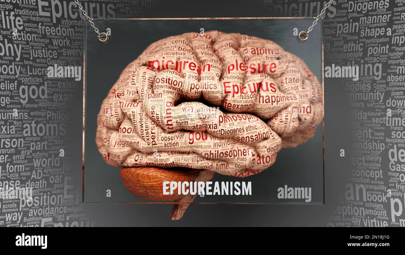 Epicureanismus im menschlichen Gehirn - Dutzende wichtiger Begriffe, die Epicureanismus-Eigenschaften beschreiben, die über dem Hirnrinde gemalt wurden, um Epicureanismus con zu symbolisieren Stockfoto