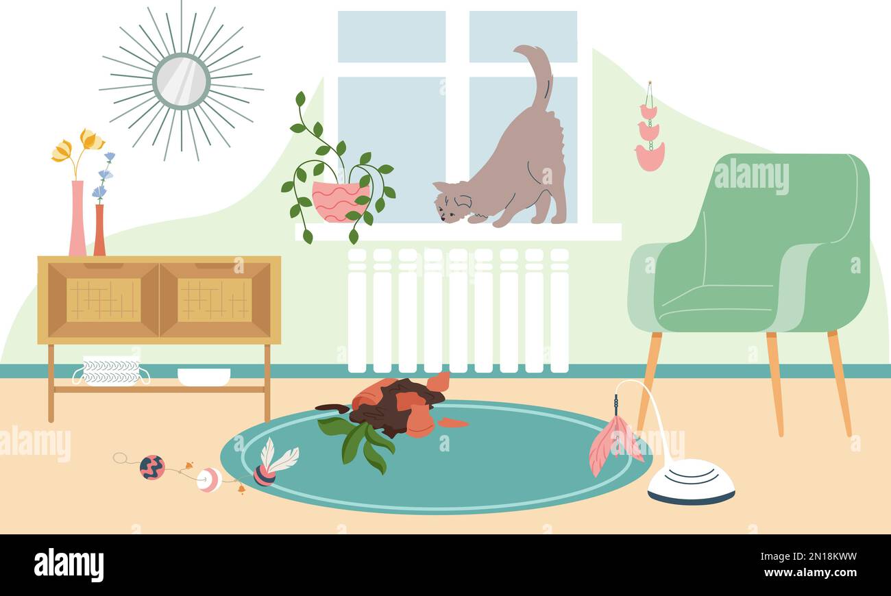 CAT-Zubehör flache Komposition mit Innenansicht von Wohnzimmermöbeln und Blumentopf zerbrochen durch Katzenvektordarstellung Stock Vektor