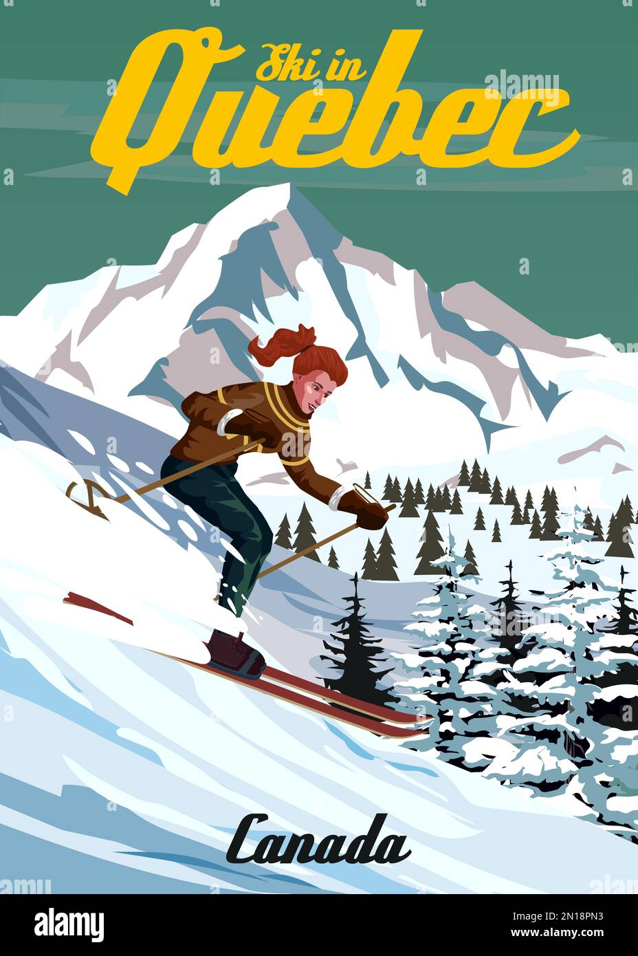 Reiseposter Ski Quebec Resort Vintage. Reisekarte für die Winterlandschaft von Kanada Stock Vektor