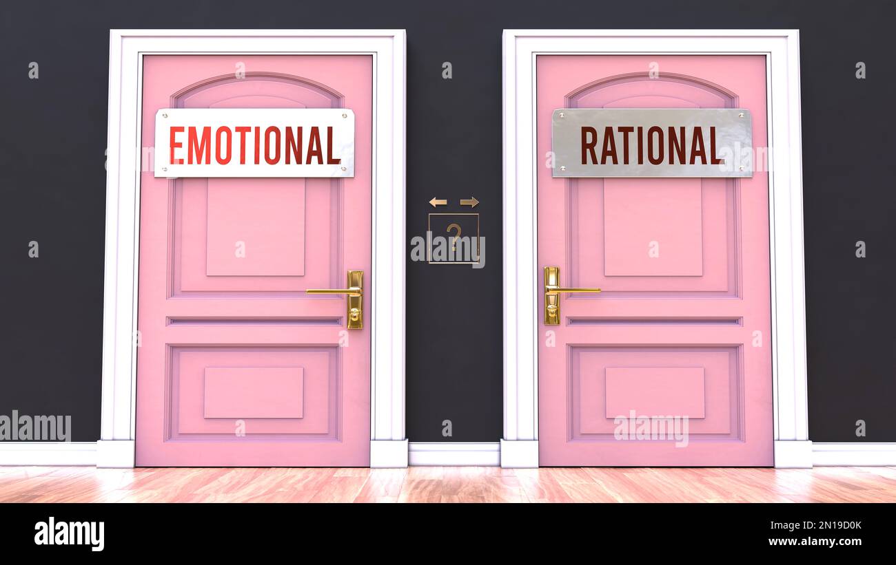 Emotional oder rational – Entscheidungen treffen, indem eine der beiden Optionen gewählt wird. Zwei Alaternative als Türen dargestellt, die zu unterschiedlichen Ergebnissen führen. 3D Abbildung Stockfoto