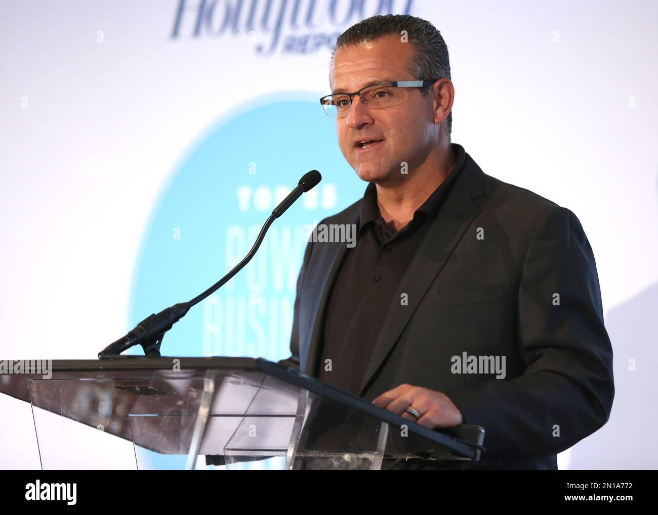 Tasos Theodorou, general manager of BMW of Beverly Hills, speaks at THR’s Entertainment Business Managers event sponsored by City National Bank, Delta Air Lines, Beverly Hills BMW, CAPS, and Battaglia on Wednesday, Sept. 30, 2015 at CUT in Beverly Hills, Calif. (Photo by Rich Fury/Invision for The Hollywood Reporter/AP Images) Stockfoto