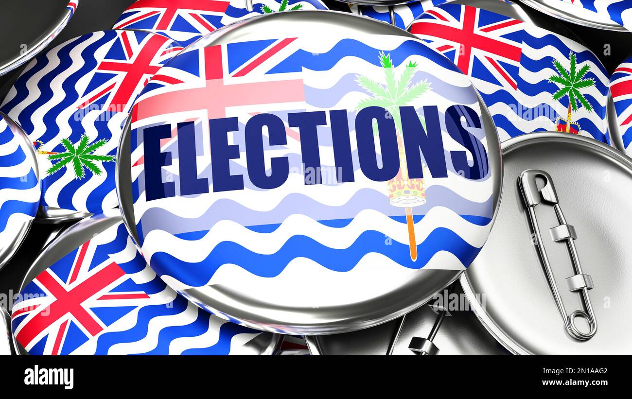 Britisches Territorium im Indischen Ozean und Wahlen - Dutzende von Pinback-Knöpfen mit einer Flagge des Britischen Territoriums im Indischen Ozean und ein Wort, das Wahlen symbolisiert Stockfoto