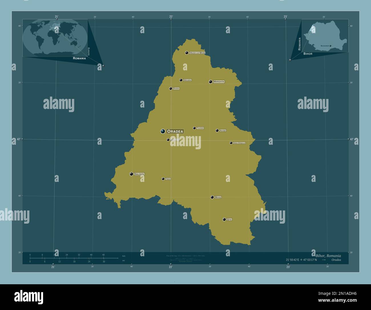 Bihor, Kreis Rumänien. Durchgehende Farbform. Standorte und Namen der wichtigsten Städte der Region. Eckkarten für zusätzliche Standorte Stockfoto