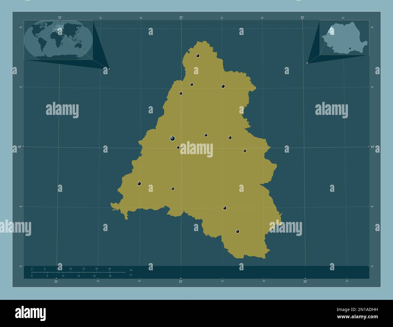 Bihor, Kreis Rumänien. Durchgehende Farbform. Standorte der wichtigsten Städte der Region. Eckkarten für zusätzliche Standorte Stockfoto