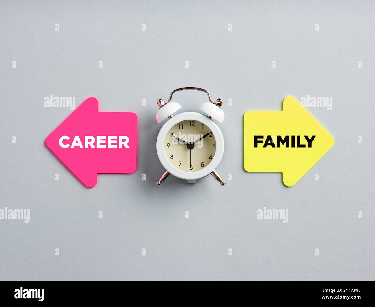 Karriere und Familie stehen auf Pfeile neben einer Uhr. Dilemma zwischen Karriere und Familie. Stockfoto