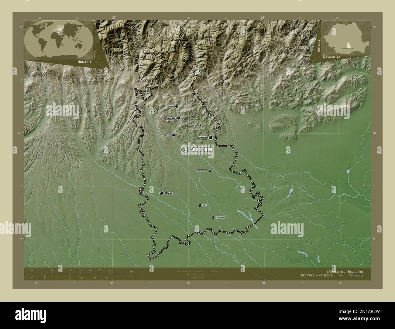 Dambovita, Kreis Rumänien. Höhenkarte im WikiStil mit Seen und Flüssen