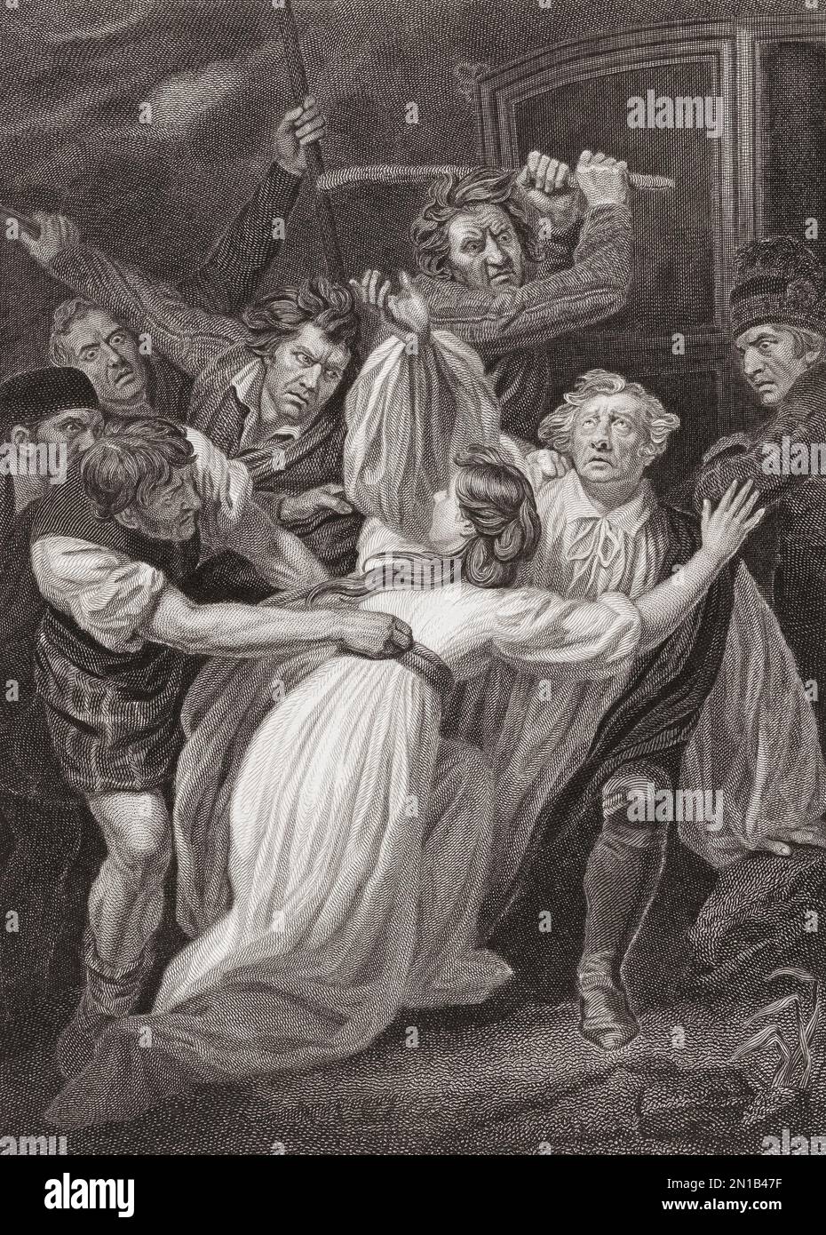 Der Mord an Erzbischof Sharp durch militante Covenanters. James Sharp, 1613-1679. Schottischer Presbyterianischer Minister und Erzbischof von St. Andrews. Nach einem Aufdruck, der ursprünglich in der historischen Galerie von Robert Bowyer gezeigt wurde und zwischen 1793 und 1806 veröffentlicht wurde. Stockfoto