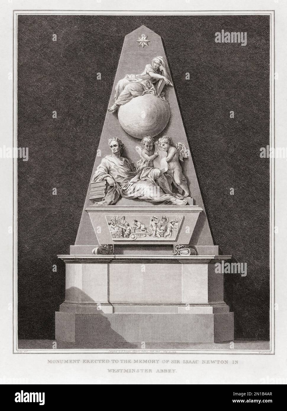 Denkmal für den englischen Mathematiker Sir Isaac Newton in Westminster Abbey, London. Das Denkmal wurde vom Architekten William Kent entworfen und von Michael Rysbrack geformt. Nach einem Aufdruck, der ursprünglich in der historischen Galerie von Robert Bowyer gezeigt wurde und zwischen 1793 und 1806 veröffentlicht wurde. Stockfoto