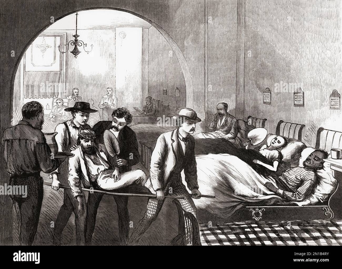 Ein Mann wird in das Krankenhaus für Sunstruck Patienten in Centre Street, City Hall Park, New York City gestreckt. Nach einer Illustration in Frank Leslies illustrierter Zeitung, August 1870. Stockfoto