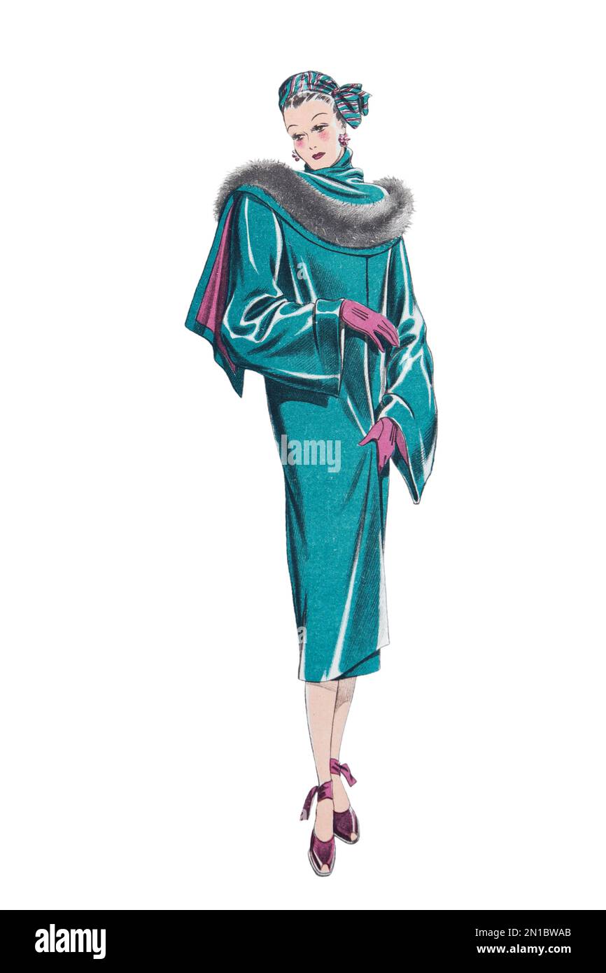 Modemodell in eleganter Außenbekleidung in Türkisblau und Fuchsia, Ende 1930er - early1940er Stockfoto