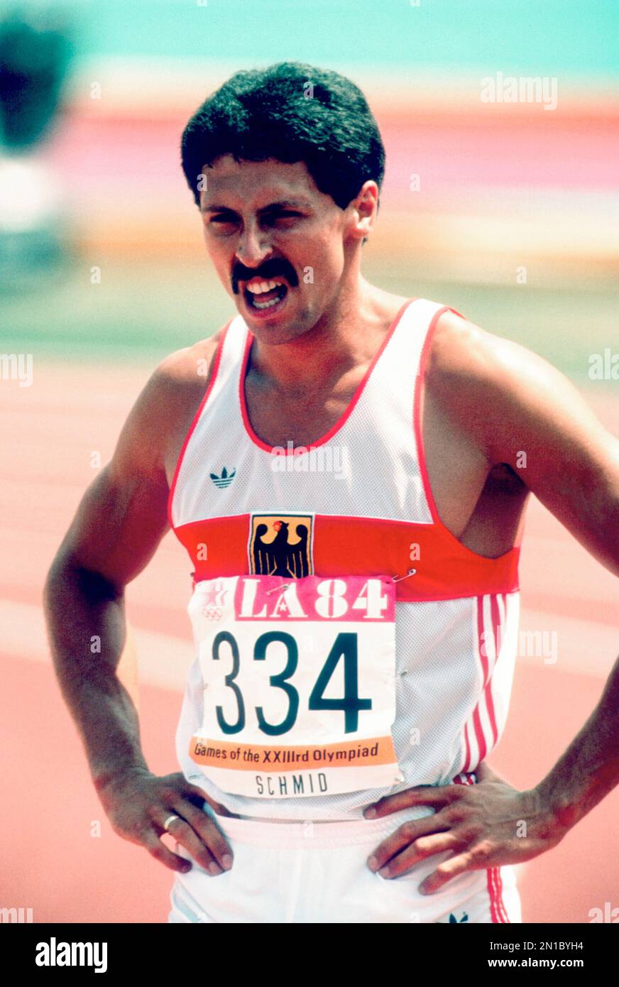 HARALD SCHMIDT German 400m Hürdensportler bei den Olympischen Sommerspielen in Los Angeles 1984 Stockfoto