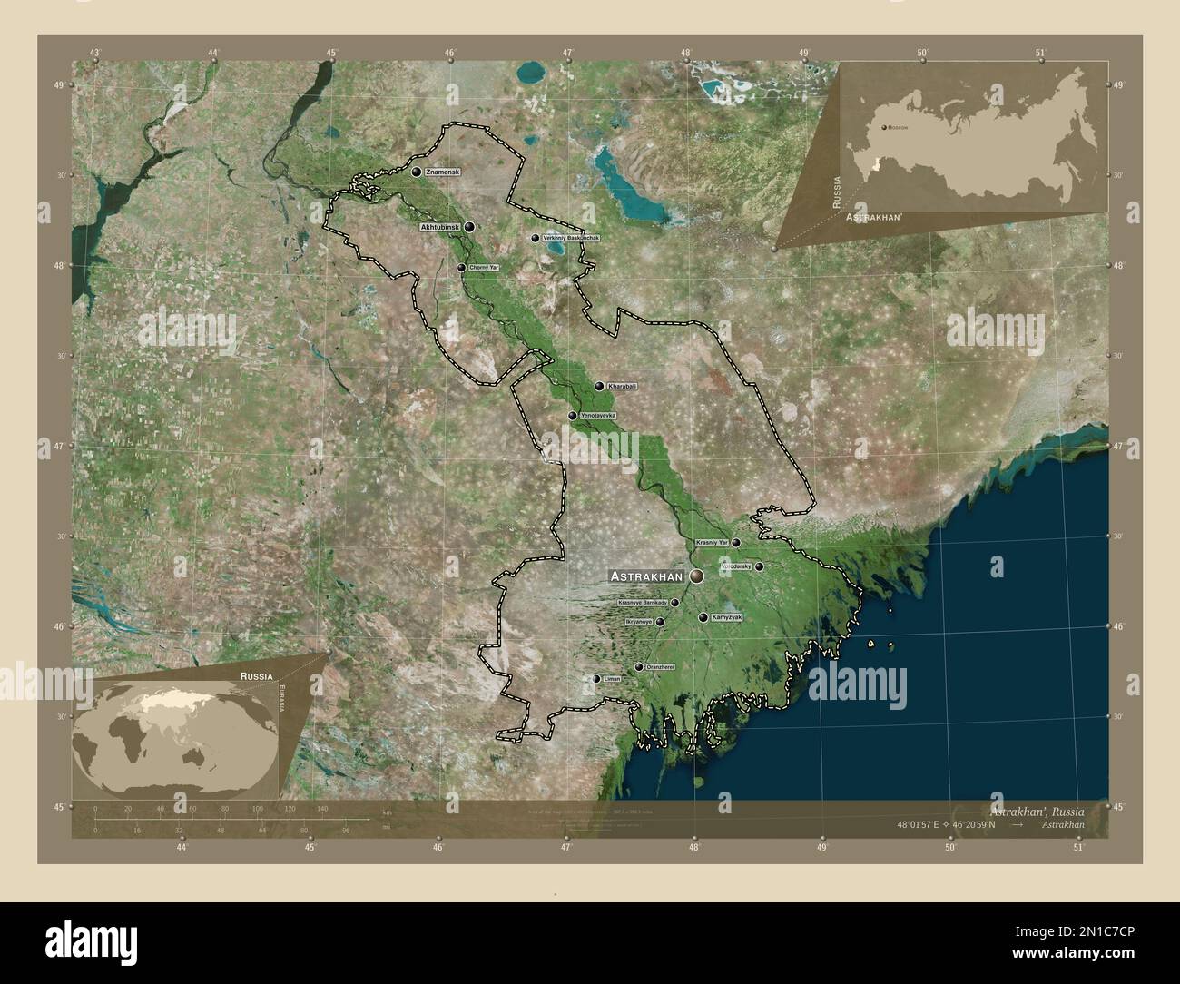 Astrachan', Region Russlands. Hochauflösende Satellitenkarte. Standorte
