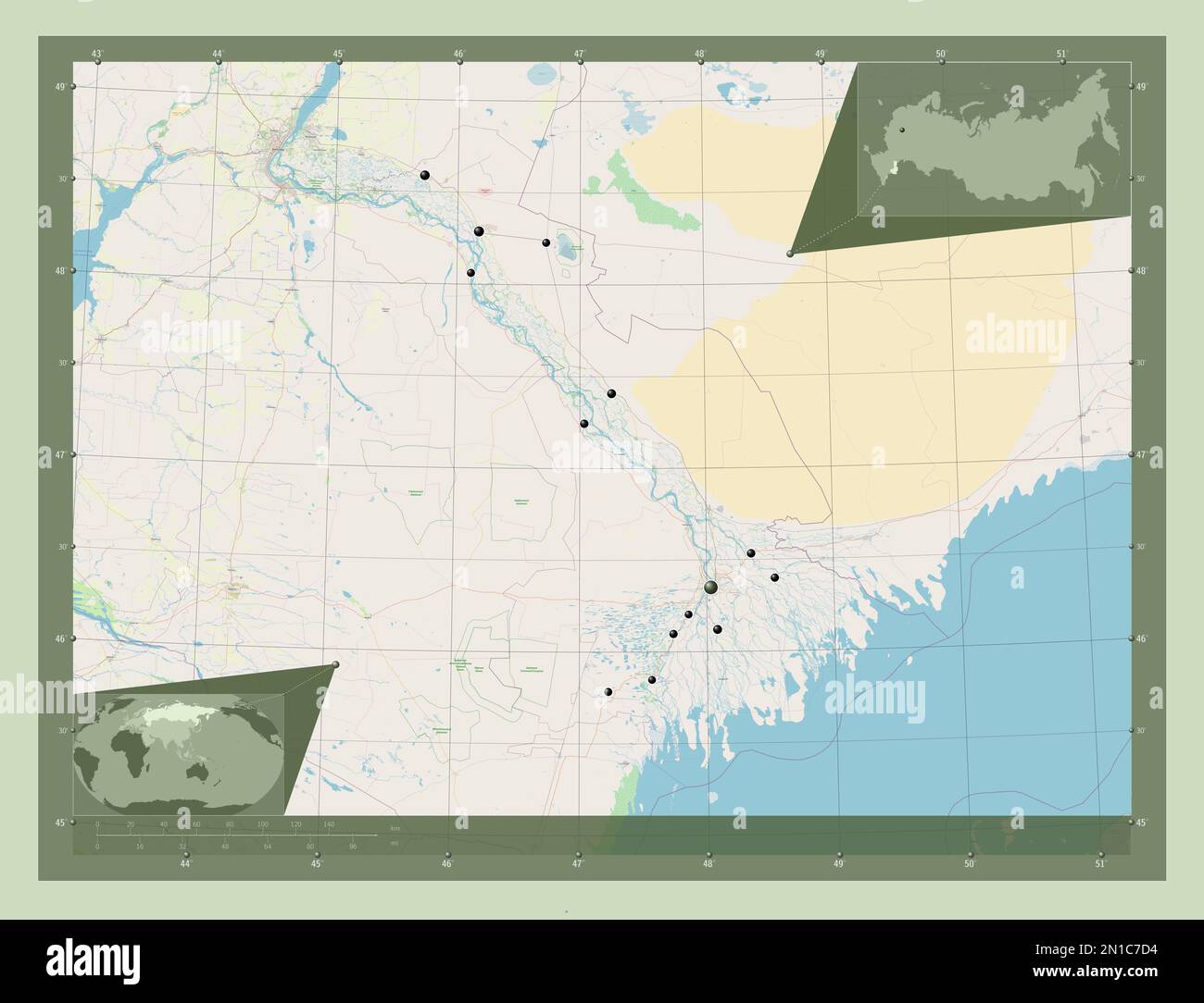 Astrachan', Region Russlands. Straßenkarte Öffnen. Standorte der