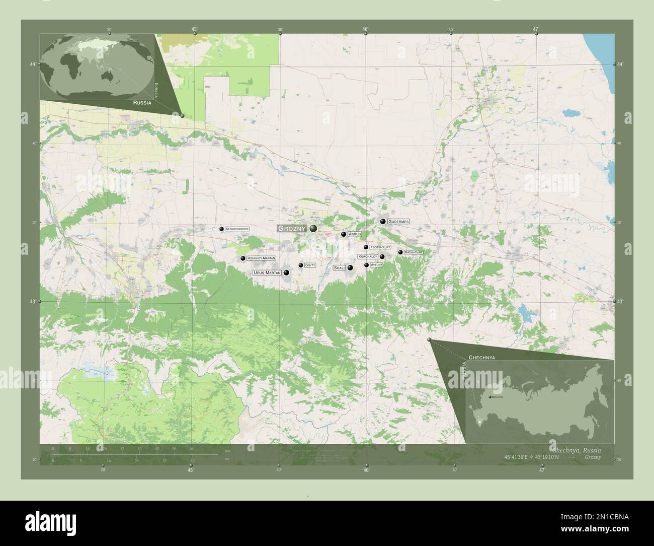 Tschetschenien, republik Russland. Straßenkarte Öffnen. Standorte und Namen der wichtigsten Städte der Region. Eckkarten für zusätzliche Standorte Stockfoto