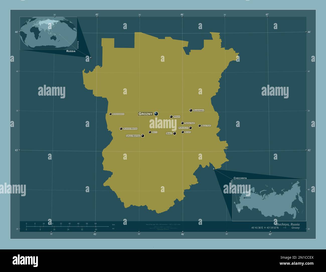 Tschetschenien, republik Russland. Durchgehende Farbform. Standorte und Namen der wichtigsten Städte der Region. Eckkarten für zusätzliche Standorte Stockfoto