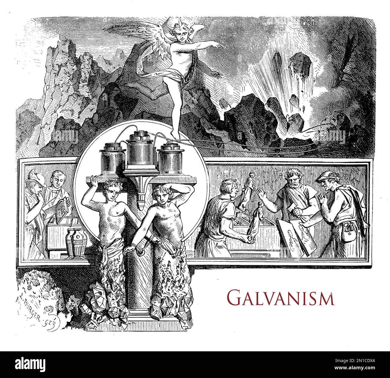 Wunderschönes typografisches Vorderkapitel mit mythologischer Vignette über Galvanismus, Erzeugung von elektrischem Strom in biologischen Organismen Stockfoto