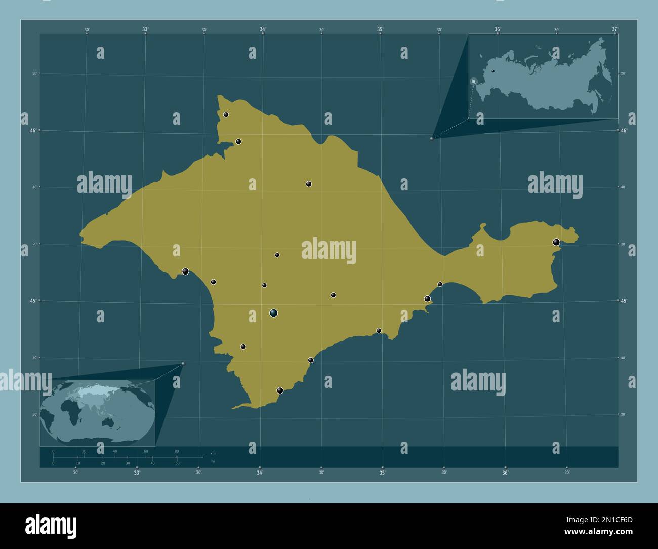Krim, autonome republik Russland. Durchgehende Farbform. Standorte der