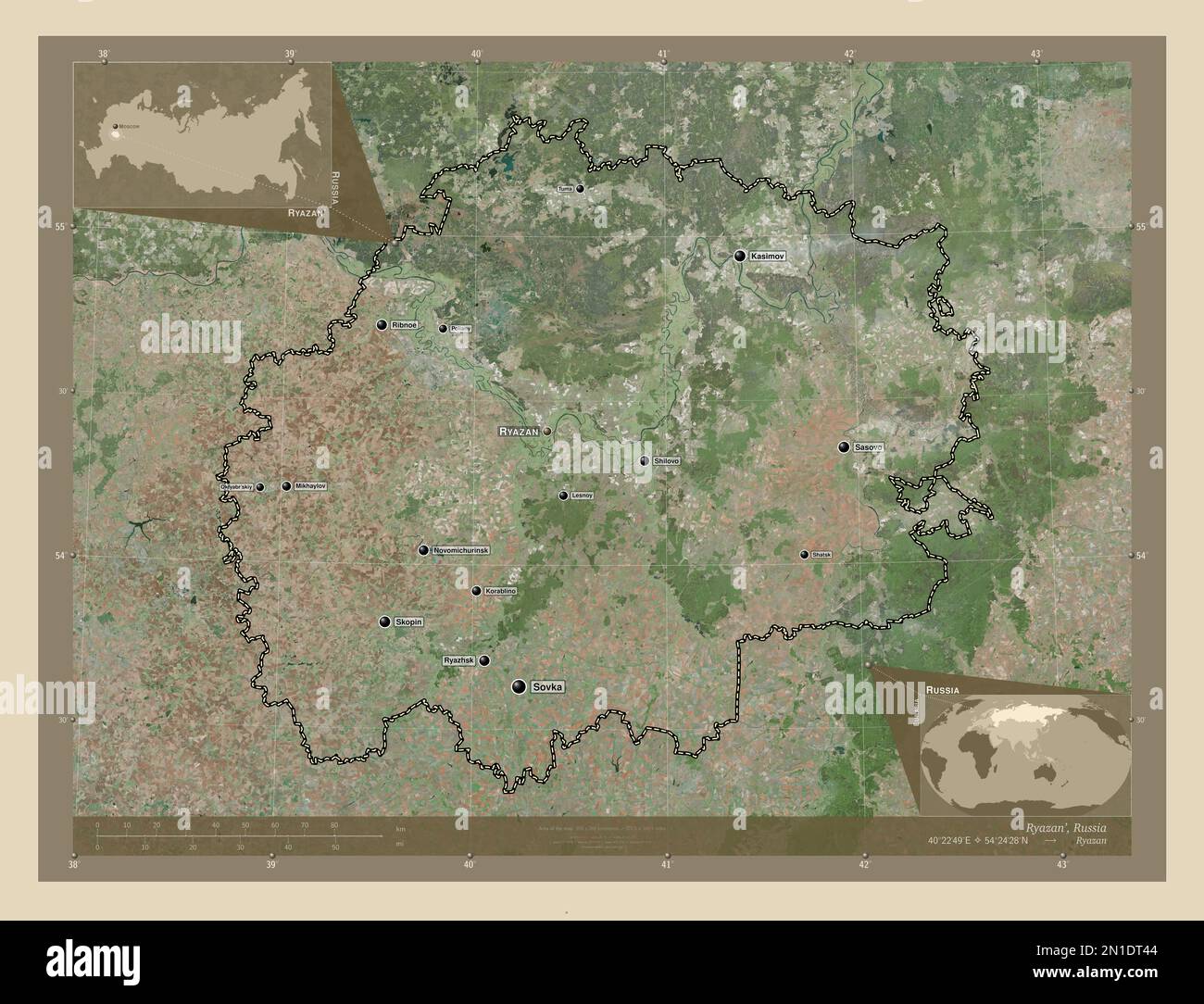 Ryazan', Region Russlands. Hochauflösende Satellitenkarte. Standorte und Namen der wichtigsten Städte der Region. Eckkarten für zusätzliche Standorte Stockfoto