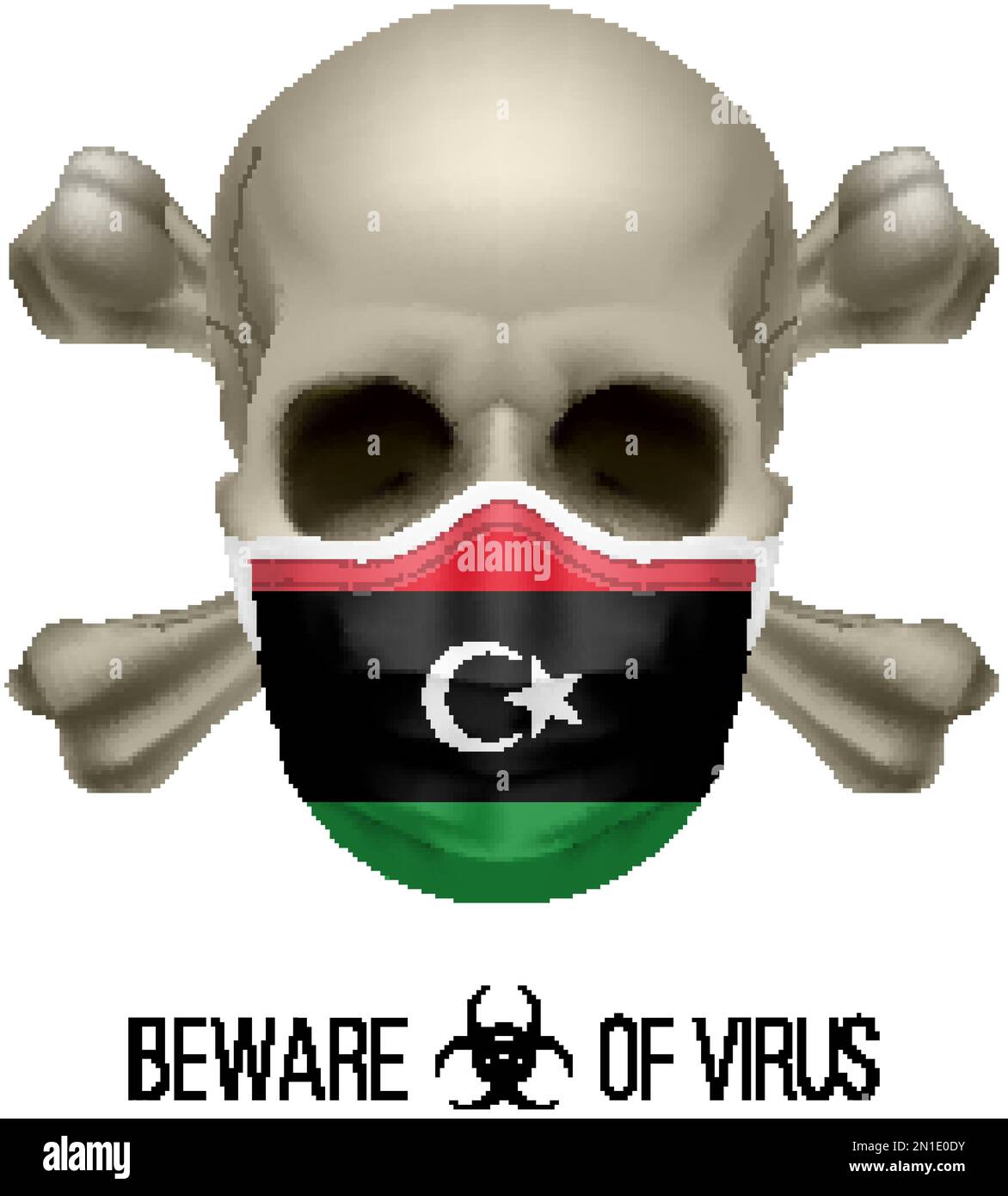 Menschlicher Schädel mit Kreuz und Operationsmaske in der Farbe der Nationalflagge Libyen. Maske in Form der libyschen Flagge und des Totenkopfes als Konzept von Dre Warnin Stock Vektor