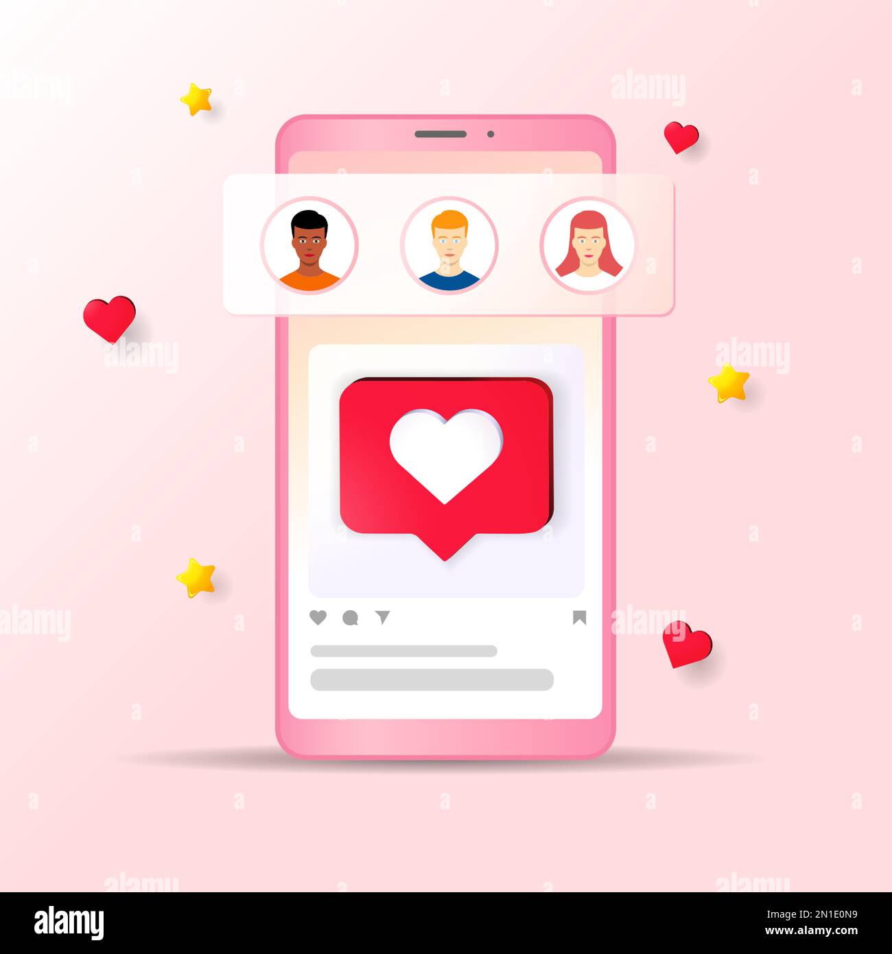 Social-Media-Kommunikationskonzept für Valentinstag oder Dating-Website. „Happy Valentine's Day“-Banner mit Smartphone- und Social-Media-Symbolen. Vektorkarte Stock Vektor