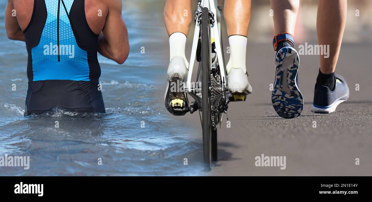 Triathlon Swim Bike Run Triathlet man für das ironman Rennkonzept. Drei Bilder bilden Sportler aus, die laufen, Rad fahren und im Meer schwimmen Stockfoto