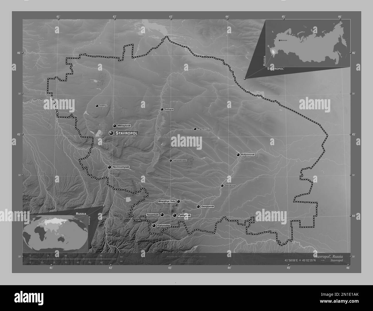 Stavropol', russisches Territorium. Grauskala-Höhenkarte mit Seen und Flüssen. Standorte und Namen der wichtigsten Städte der Region. Ecken-Zusatzgerät, niedrig Stockfoto