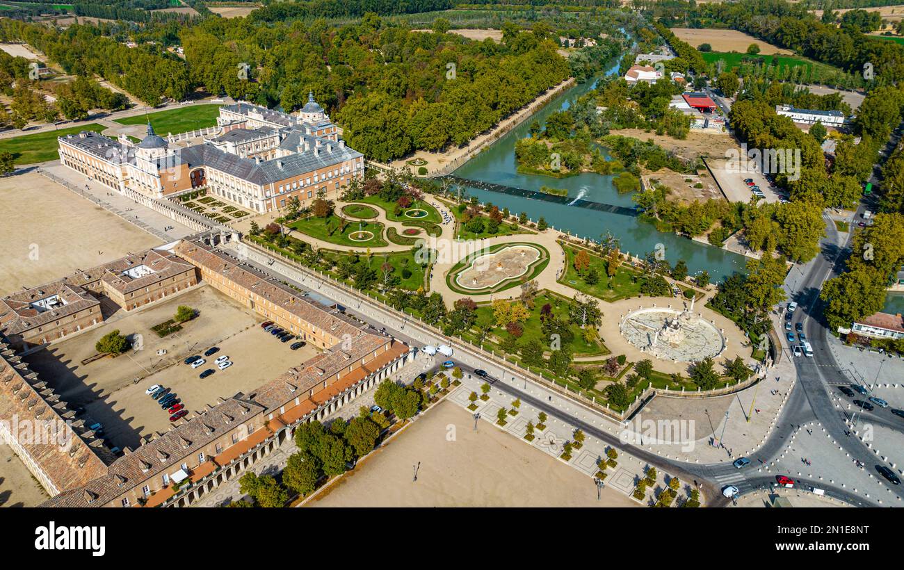 Luftaufnahme des Königspalastes von Aranjuez, UNESCO-Weltkulturerbe, Provinz Madrid, Spanien, Europa Stockfoto