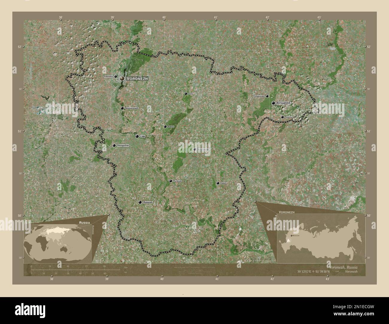 Voronesch, Region Russlands. Hochauflösende Satellitenkarte. Standorte