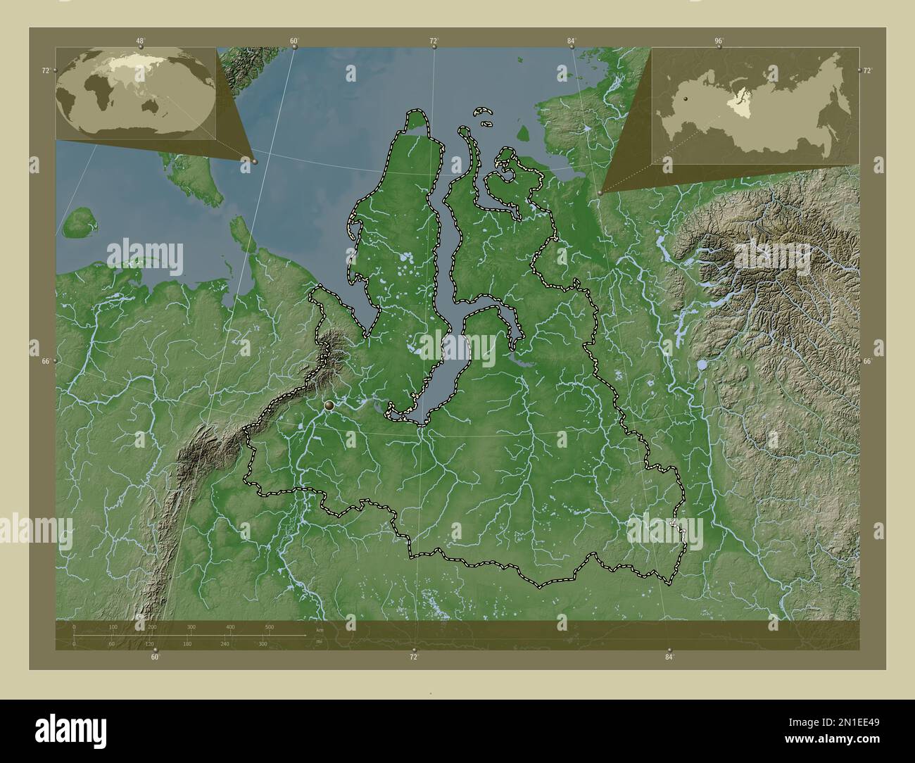 Jamal-Nenets, autonome Provinz Russland. Höhenkarte im Wiki-Stil mit Seen und Flüssen. Eckkarten für zusätzliche Standorte Stockfoto