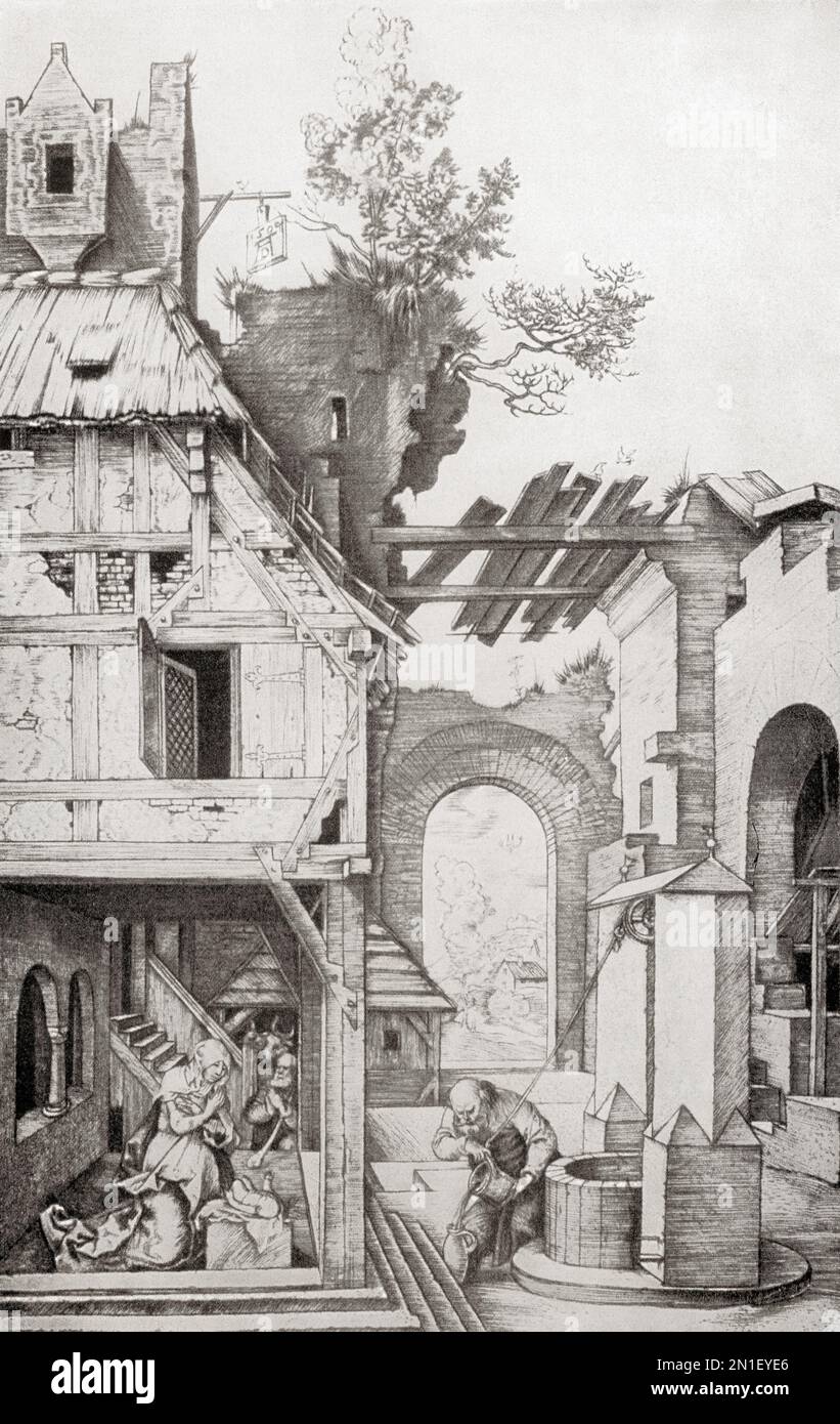 The Nativity, nach dem Werk von Albrecht Dürer, 1471-1528, manchmal in Englisch als Durer geschrieben. Deutscher Maler, Druckmacher und Theoretiker der deutschen Renaissance. Aus Albrecht Dürer, sein Leben und eine Auswahl seiner Werke, veröffentlicht 1928. Stockfoto