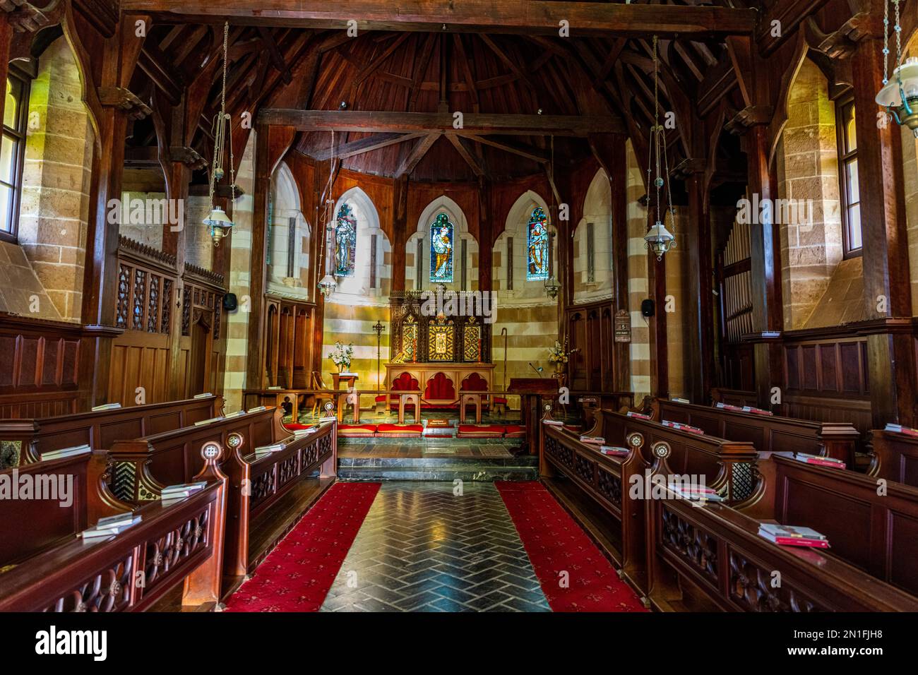 Das Innere des St. Barnabas Chapel, Norfolk Island, Australien, Pazifik Stockfoto
