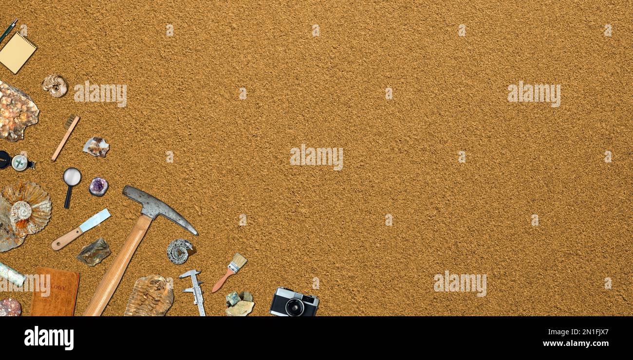 Topview of Set Fieldwork Geology Tools on Strutured Background Stockfoto