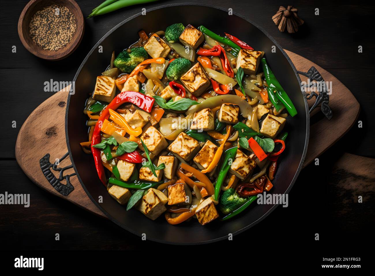 Leckerer Tofu-Braten mit Gemüse, knusprigem Tofu und frischem Koriander ...