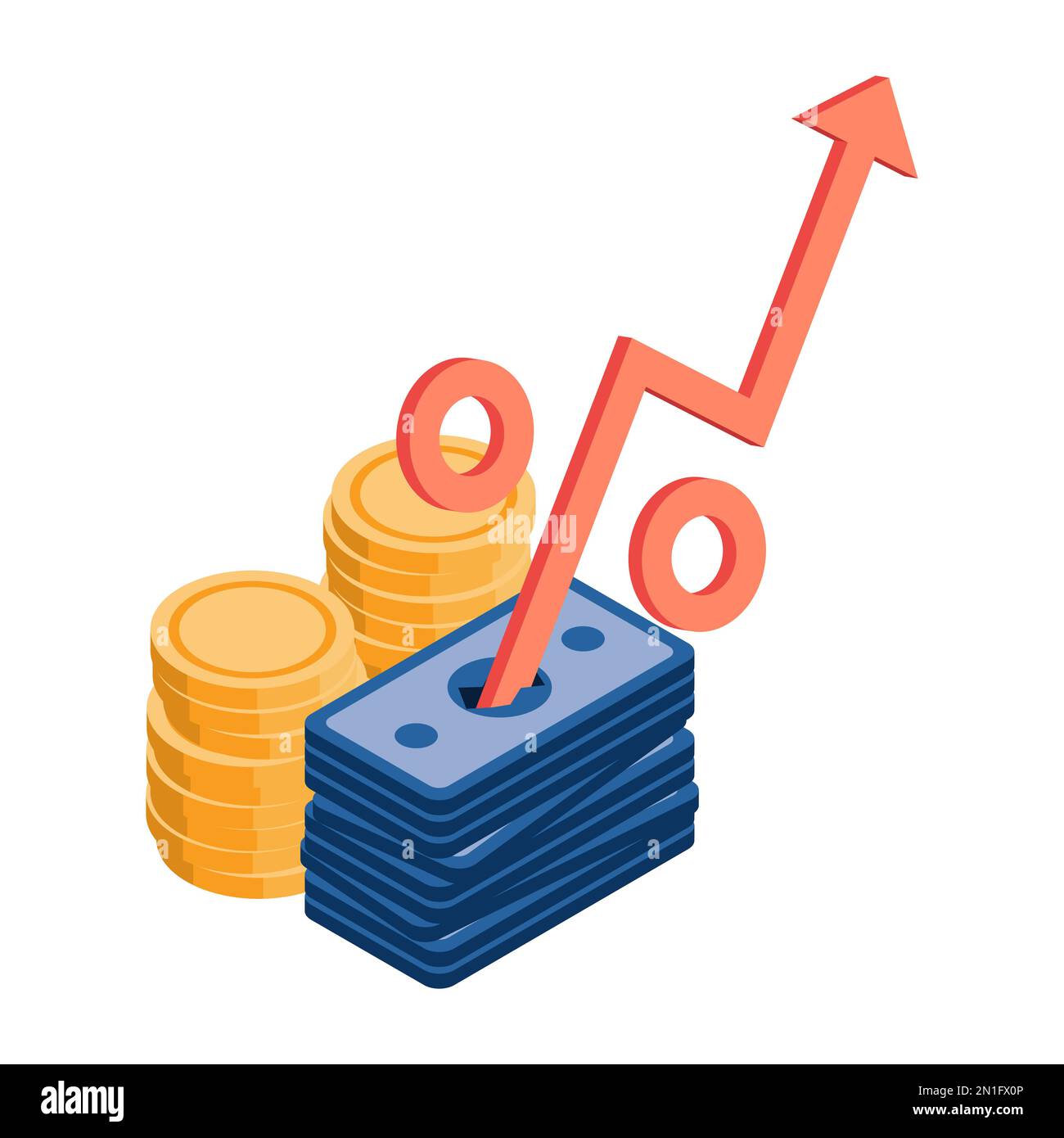 Flaches 3D Symbol für isometrischen Anstieg in Prozent aus dem Stack of Money. Erhöhung der Zinssätze und Finanzkonzept. Stock Vektor