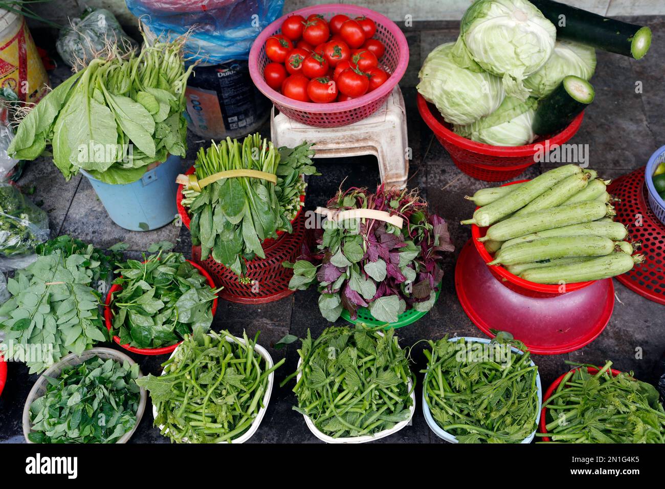 Gemüse und frische Kräuter, lokaler vietnamesischer Lebensmittelmarkt, Hanoi, Vietnam, Indochina, Südostasien, Asien Stockfoto