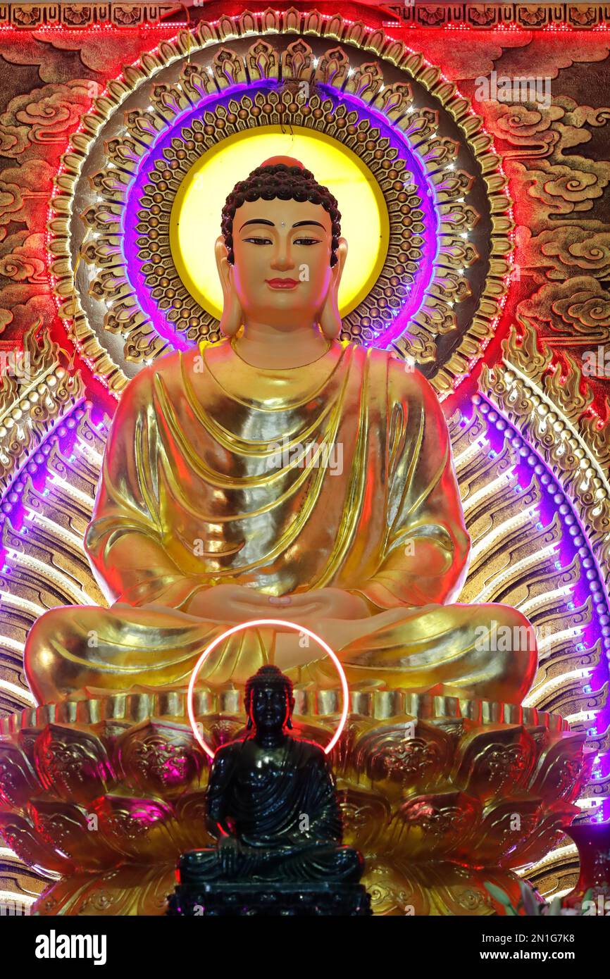 Die Erleuchtung des Buddha, Hauptaltar mit goldener Buddha-Statue, buddhistischer Tempel Phat Ngoc Xa Loi, Vinh Long, Vietnam, Indochina, Südostasien Stockfoto