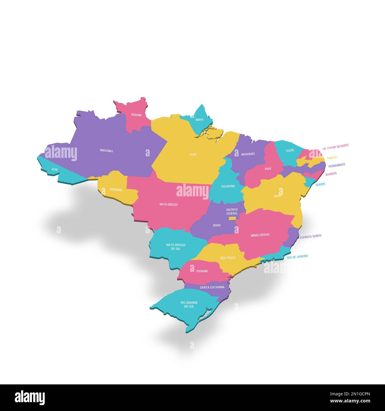 Politische Karte Brasiliens der Verwaltungsabteilungen - Föderative Einheiten Brasiliens. Farbige 3D-Vektorkarte mit Namensbezeichnungen. Stock Vektor
