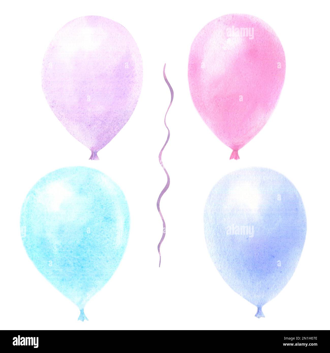 Aquarell mit pastellfarbenen Ballons, isoliert auf weißem Hintergrund. Violette, pinkfarbene, blaue, violette Festtagselemente. Stockfoto