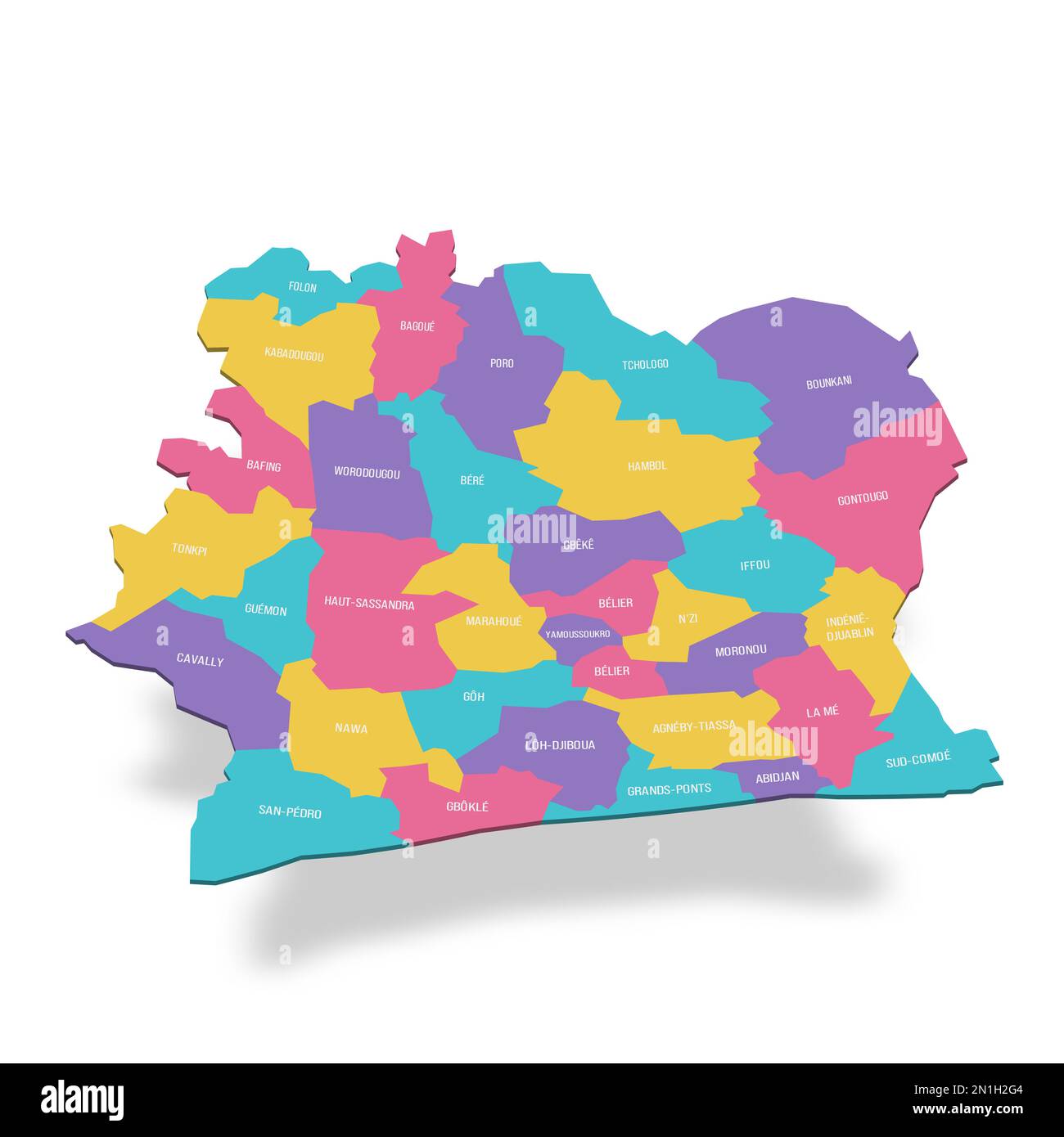Elfenbeinküste politische Karte der Verwaltungseinheiten Regionen und