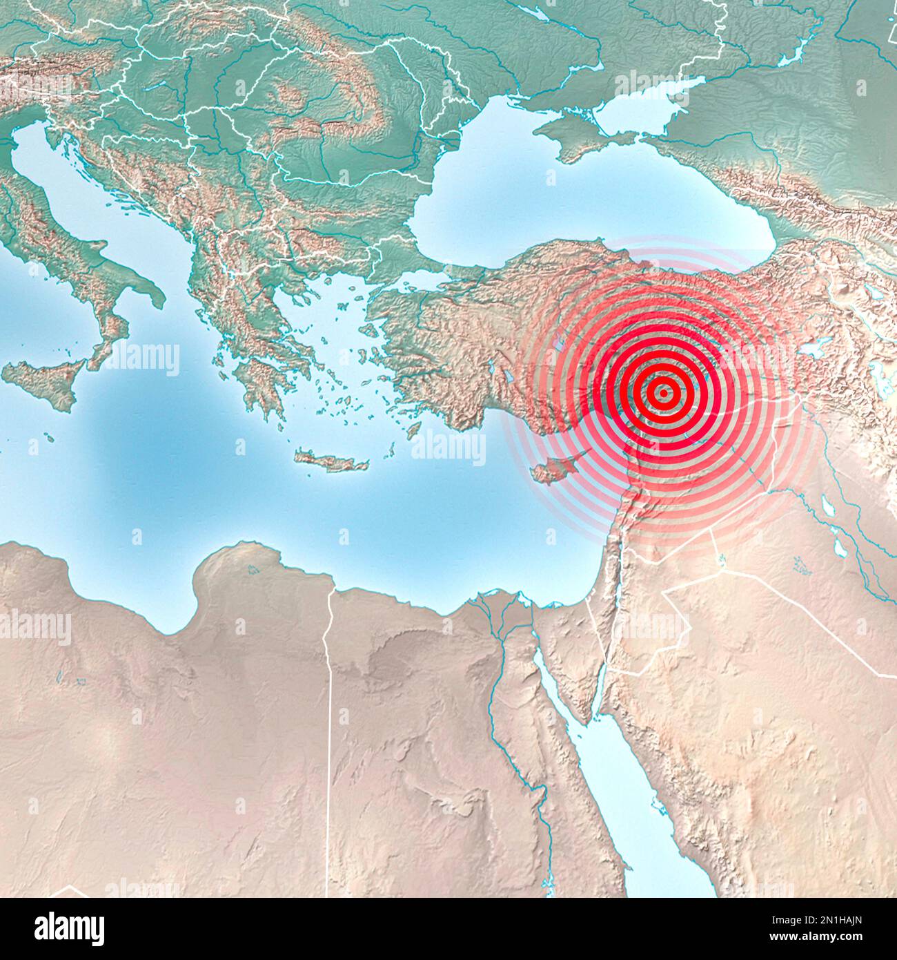 Erdbebenkarte in der Türkei und Syrien, Shake, Elemente dieses Bildes werden von der NASA bereitgestellt. Land, das von einem starken Erdbeben heimgesucht wurde. 7,8-Magnitude Stockfoto