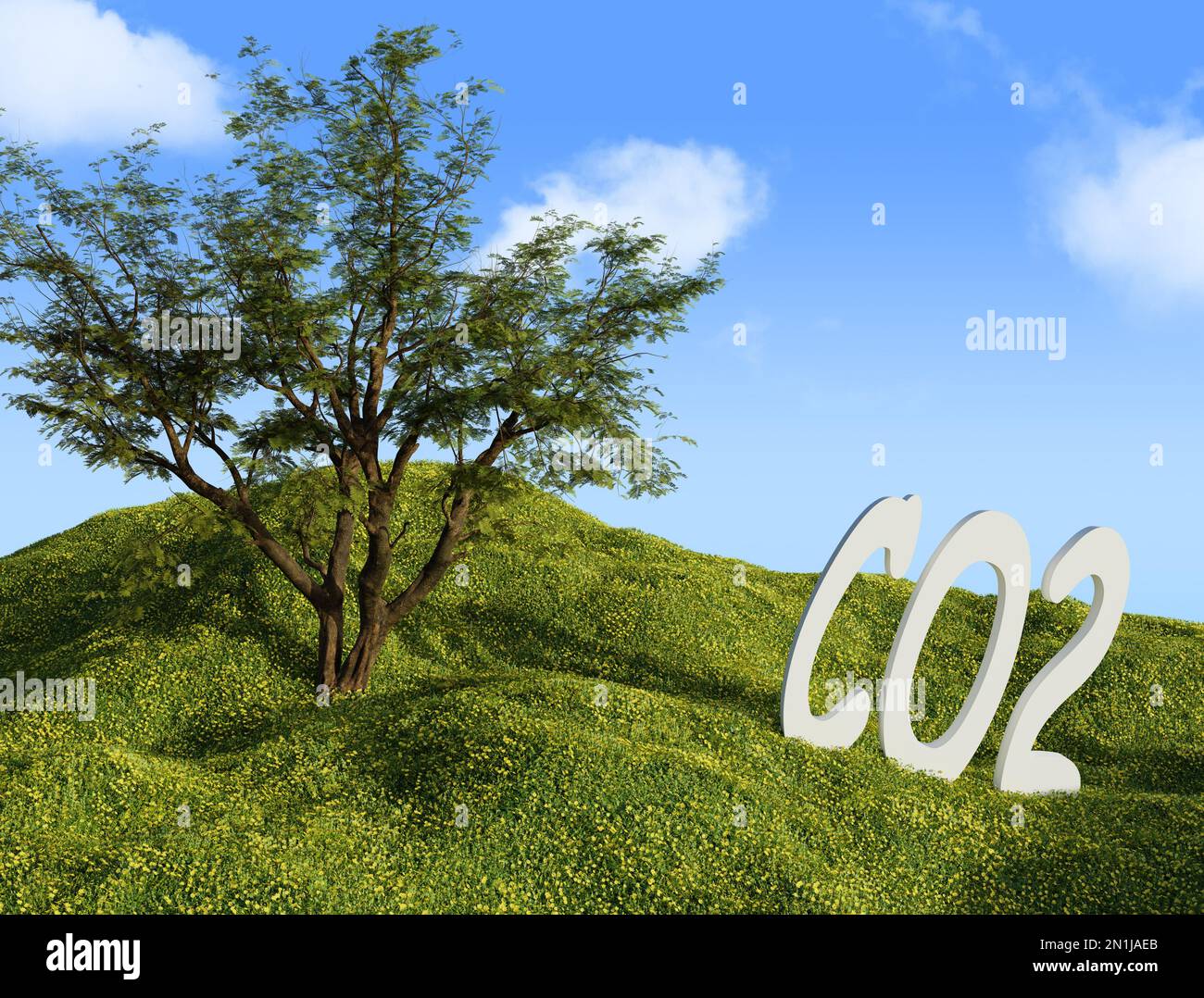 Die Worte CO2 auf einer grünen Wiese mit Baum und einem wunderschönen Himmel, 3D-Rendering Stockfoto